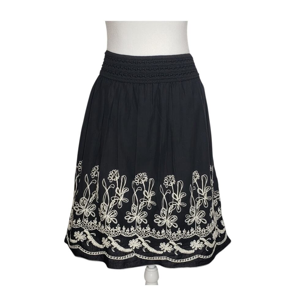 Metro Wear Vtg Embroidered Cotton Skirt M Black White Grandmacore Boho